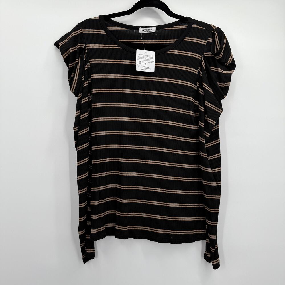 LA Made Shirt Womens Large Black Tan Striped Long Sleeve Puff Shoulder Top‎ USA